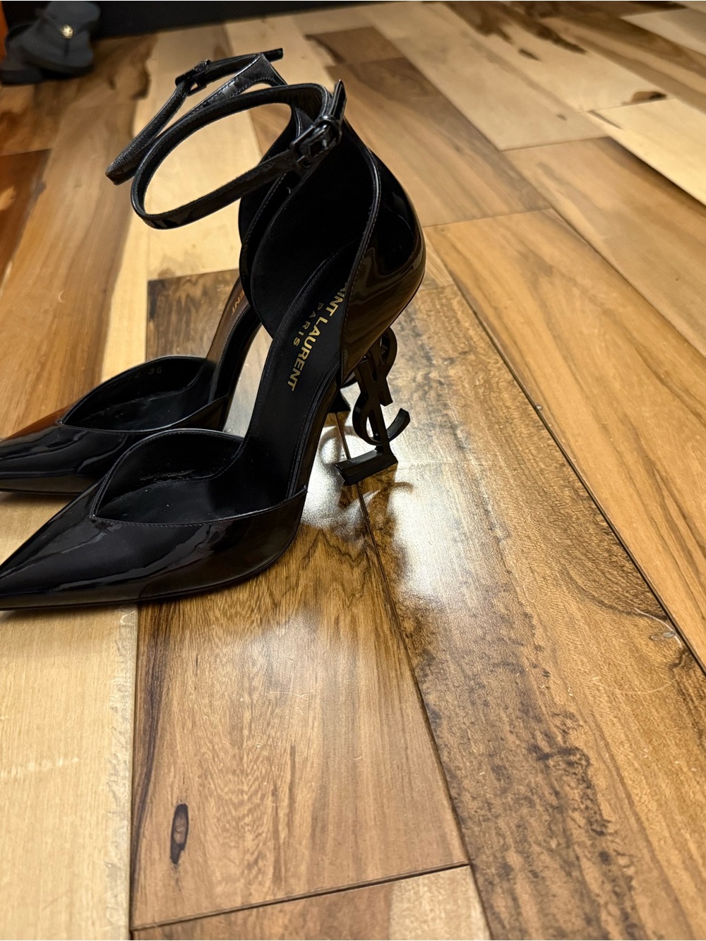 Saint Laurent Black Patent Leather Pointed Ankle-Strap Pumps - Picture 2 of 8